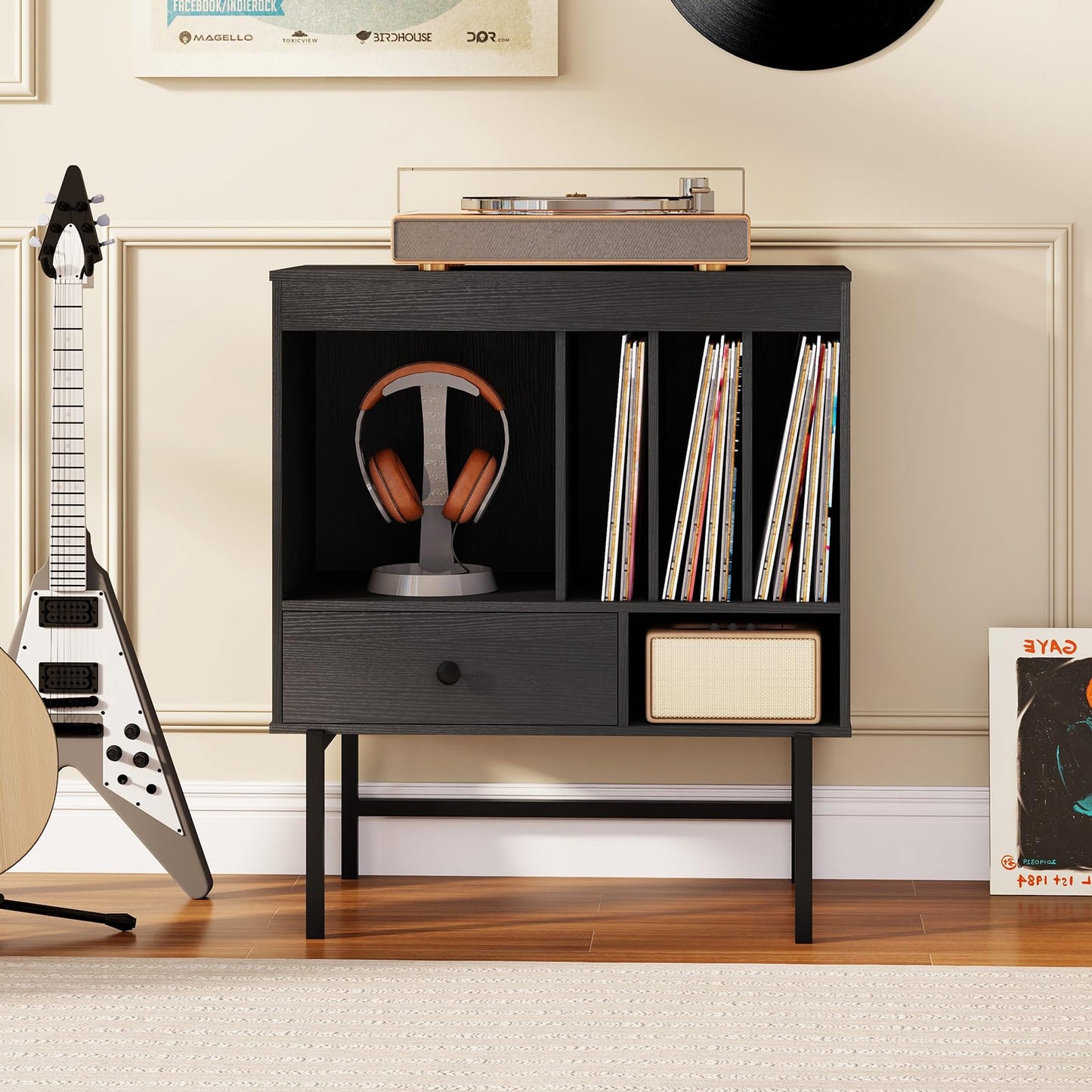Large Record Player Stand with Open Compartments and Album Holders