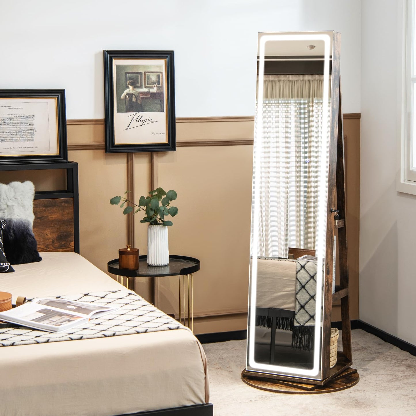 360° Swivel Jewelry Cabinet with LED Lights, Foldable Shelf