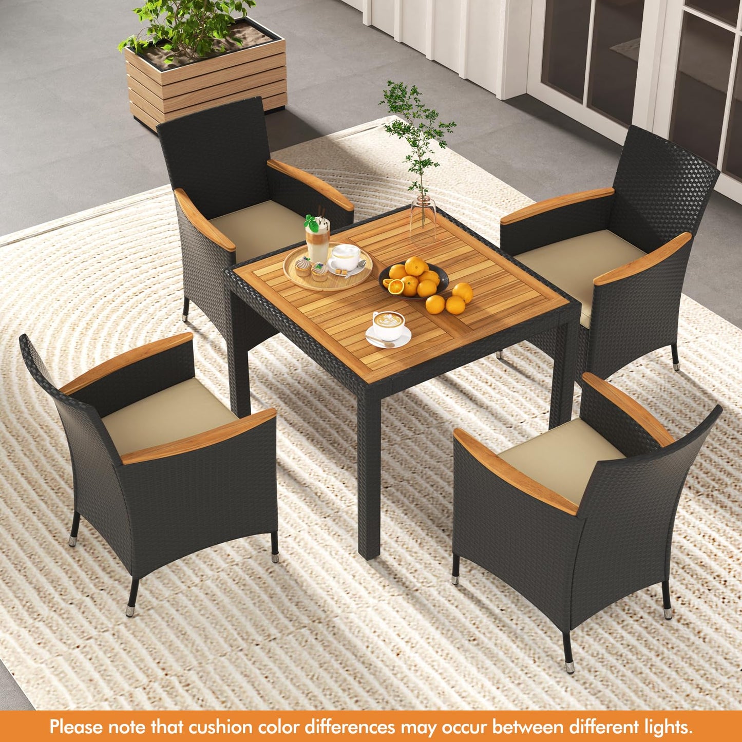 5 PCS Patio Dining Table Rattan Conversation Set with Umbrella Hole