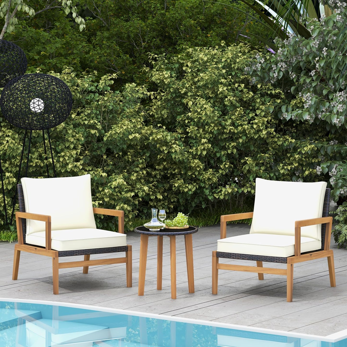 Wooden Patio Bistro Set with Soft Cushions and Tempered Glass Tabletop,