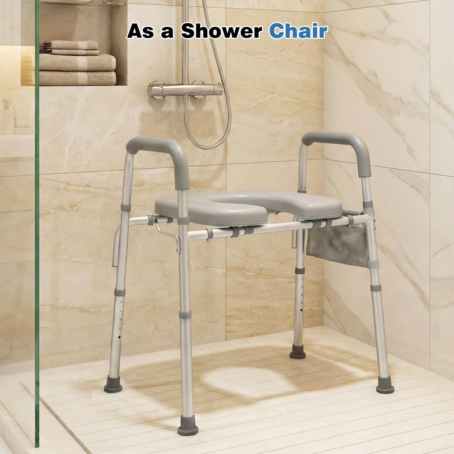 Adjustable Height and Width Raised Toilet Seat for Seniors with Padded Arms and Storage Bag