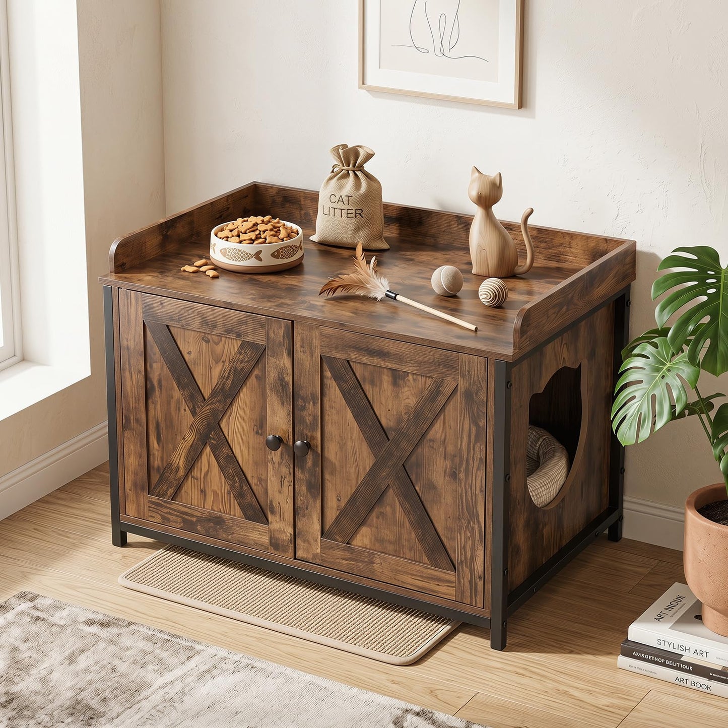 Cat Litter Box Enclosure with 2 Barn Doors Metal Legs and Side Entrance