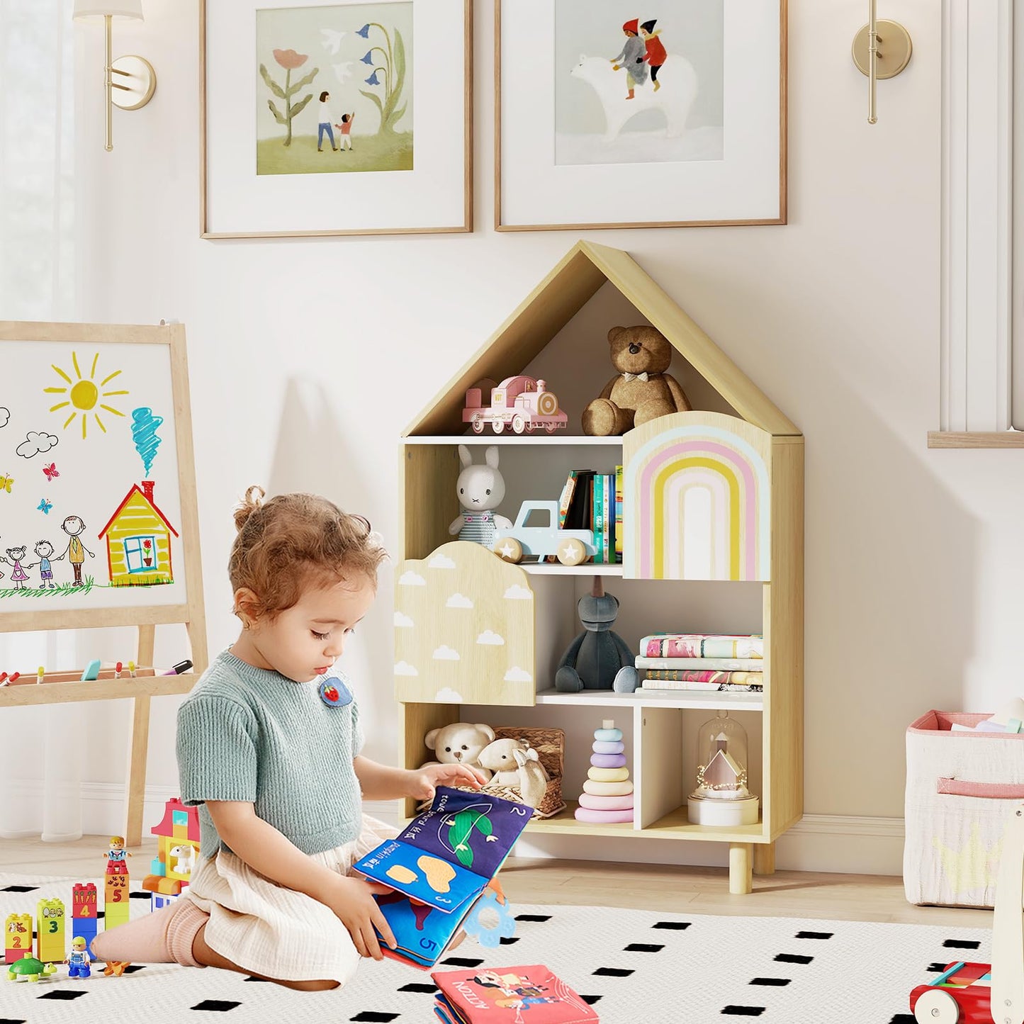 Kids Dollhouse Bookshelf with 2 Doors for Playroom Bedroom