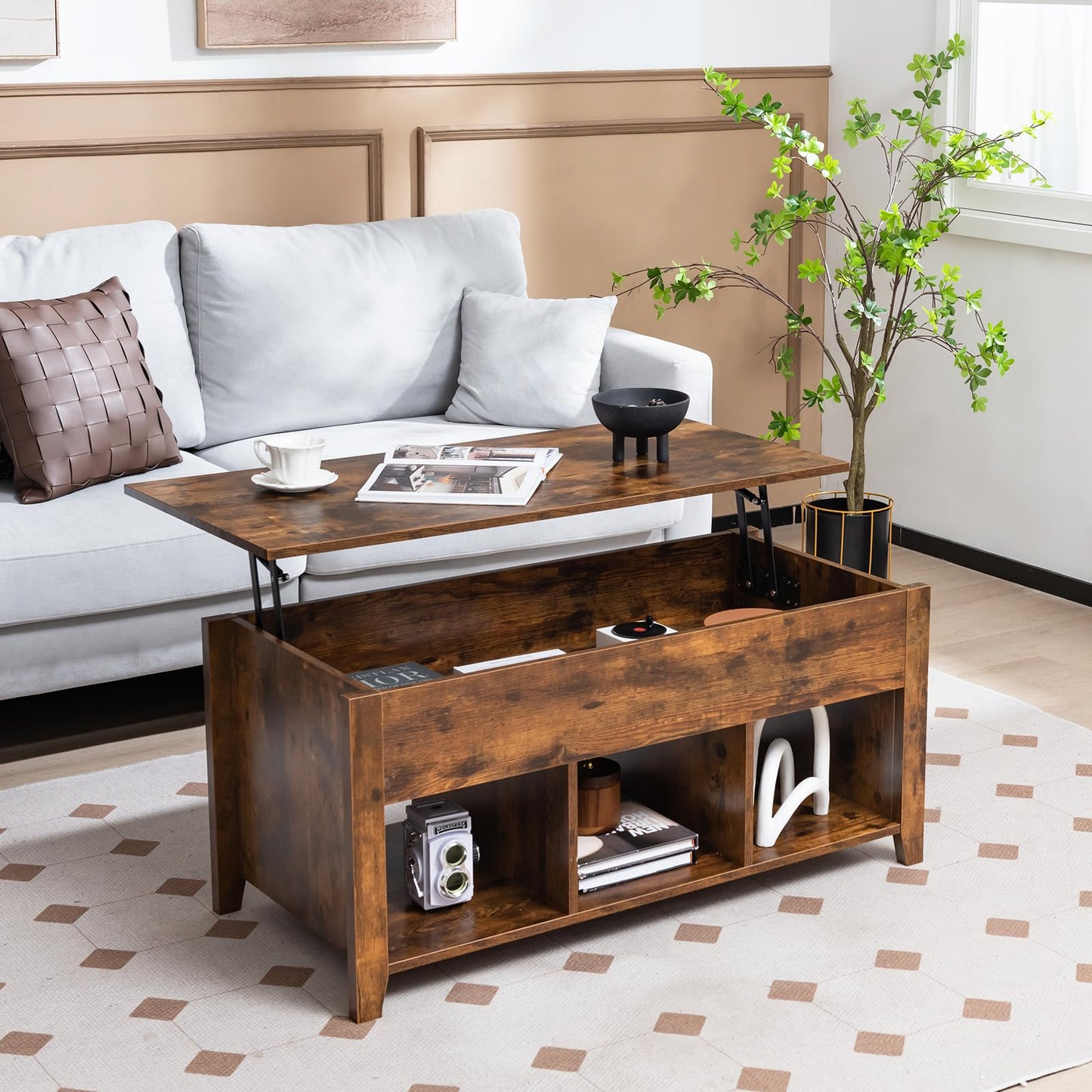 Rising Center Table with Lift Top Hidden Compartment