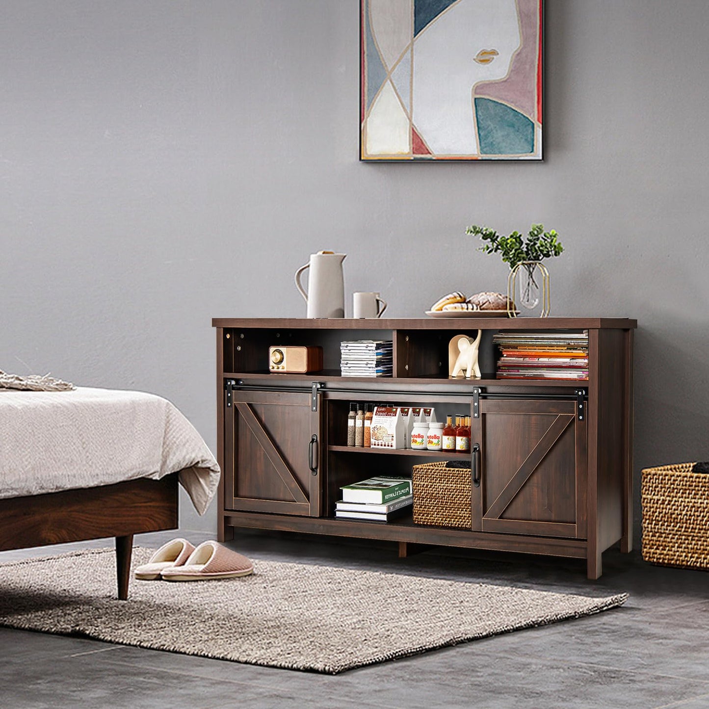 Sliding Barn Door Farmhouse Flat Screen Console for 65 Inch TVs
