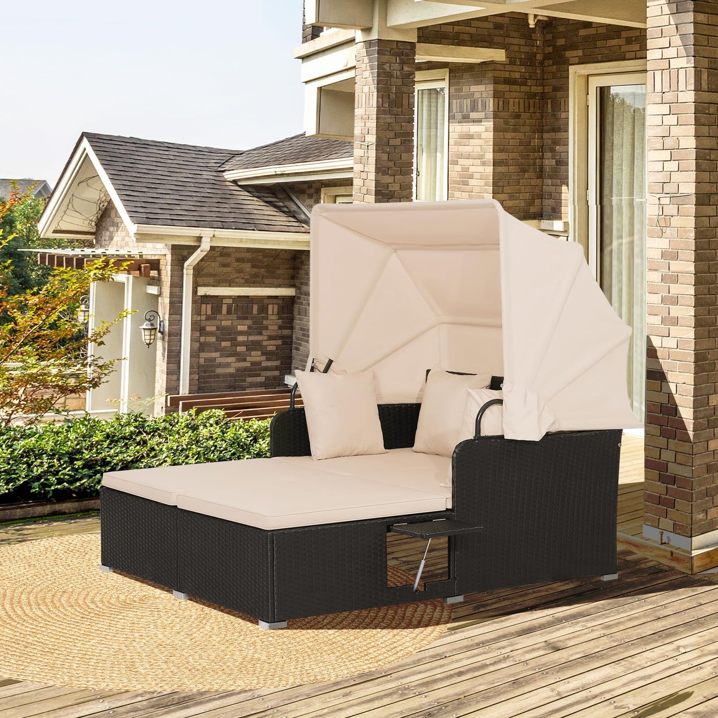Garden Rattan Daybed with Retractable Canopy and Cushions