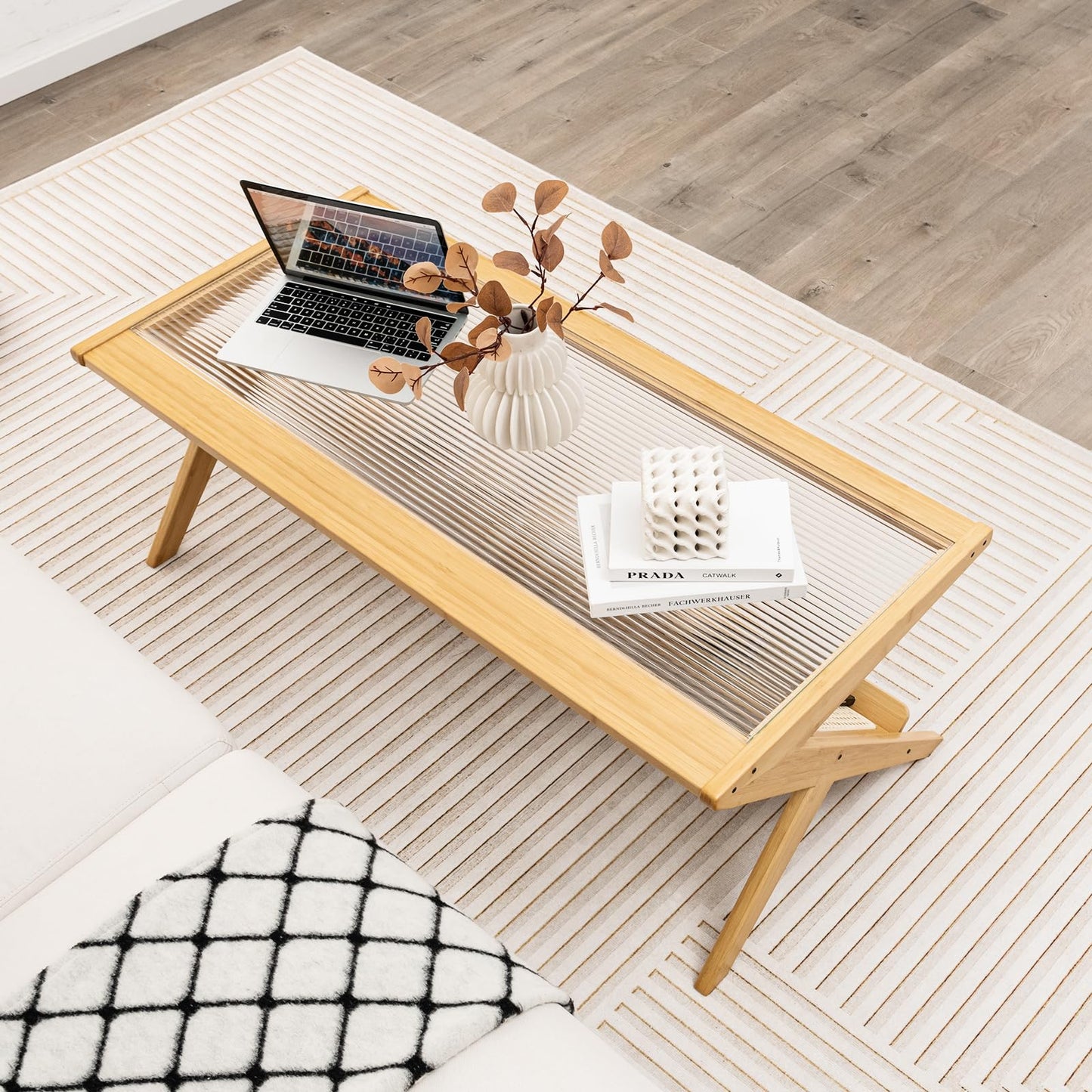 Tempered Glass Cocktail Tea Center Table with Rattan Magazine Storage Shelf
