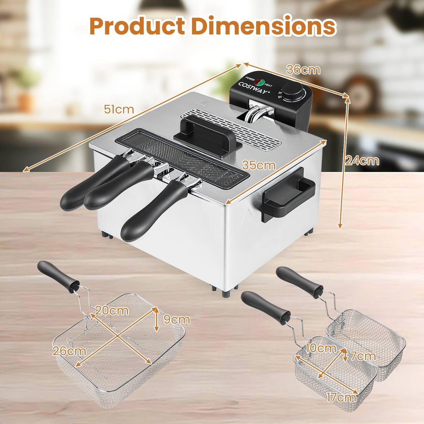 2000W Electric Deep Fryer Stainless Steel Countertop Frying Pot with 3 Baskets