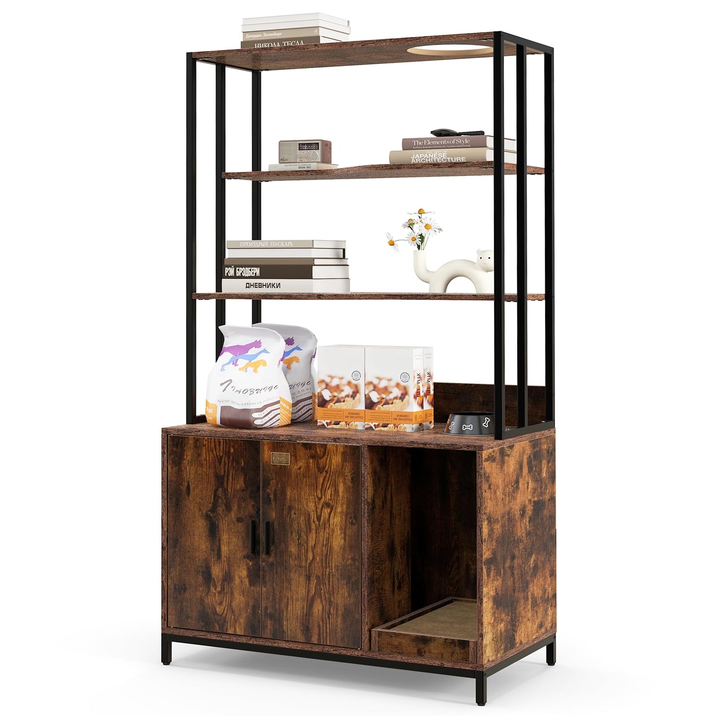 Cat Litter Box Enclosure with 3-tier Storage Shelves