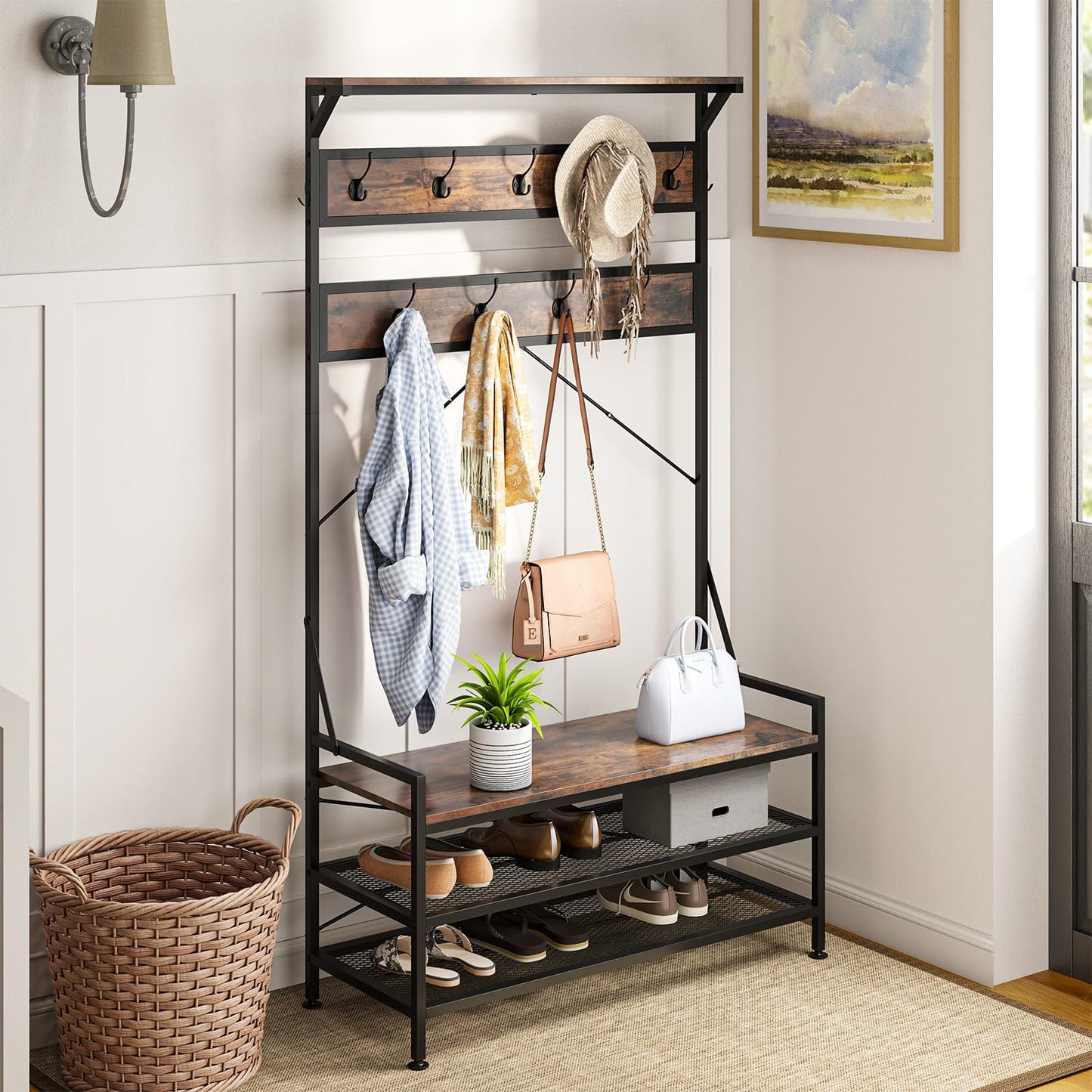 4 In 1 Coat Rack with 11 Hanging Hooks and Shoe Bench for Mudroom