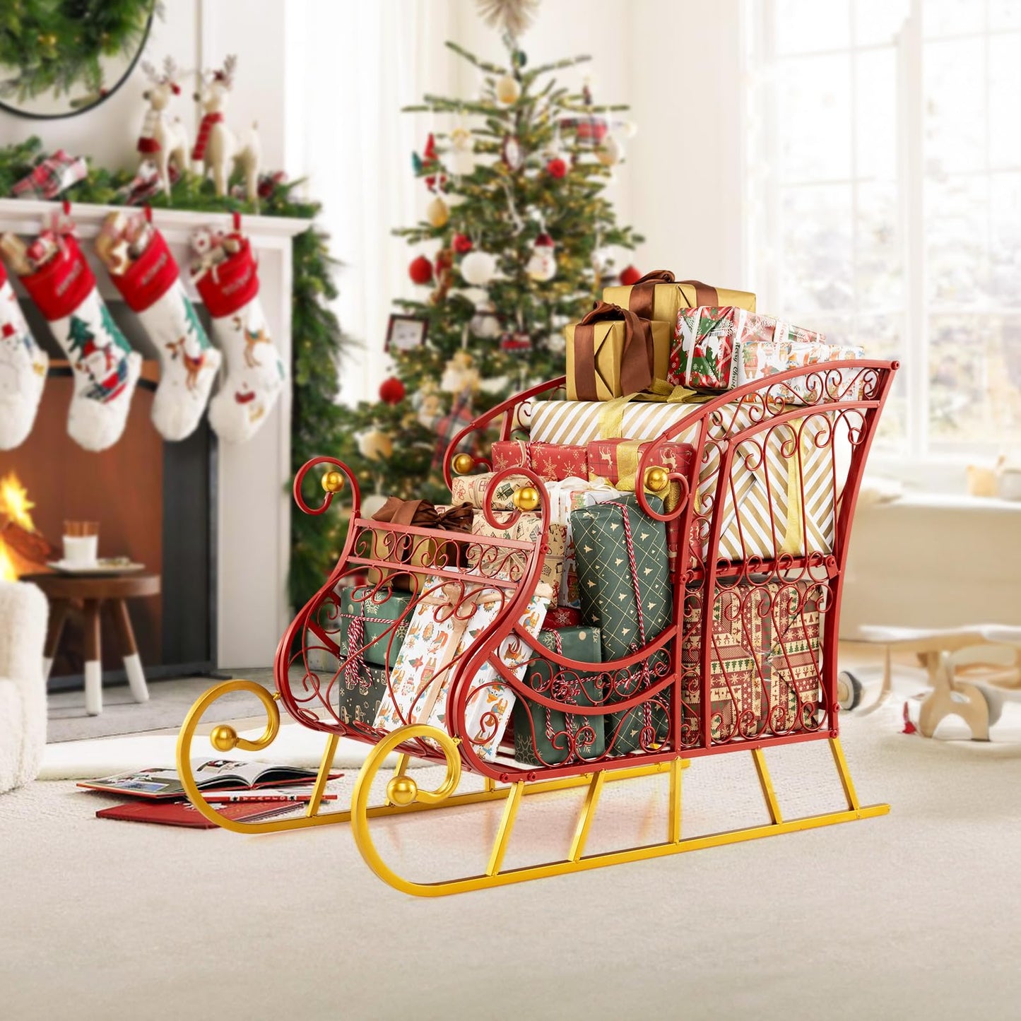 Metal Christmas Santa Sleigh Basket 2-Tier Xmas Santa’s Gift Storage Sleigh