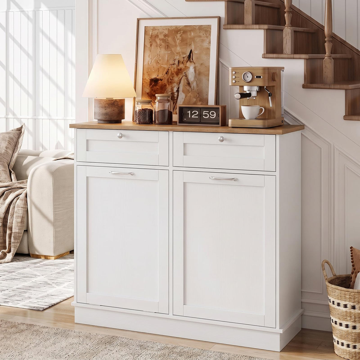 Hidden Tilt Out Trash Bin Cabinet with Shelves Wooden Storage Organizer for Kitchen