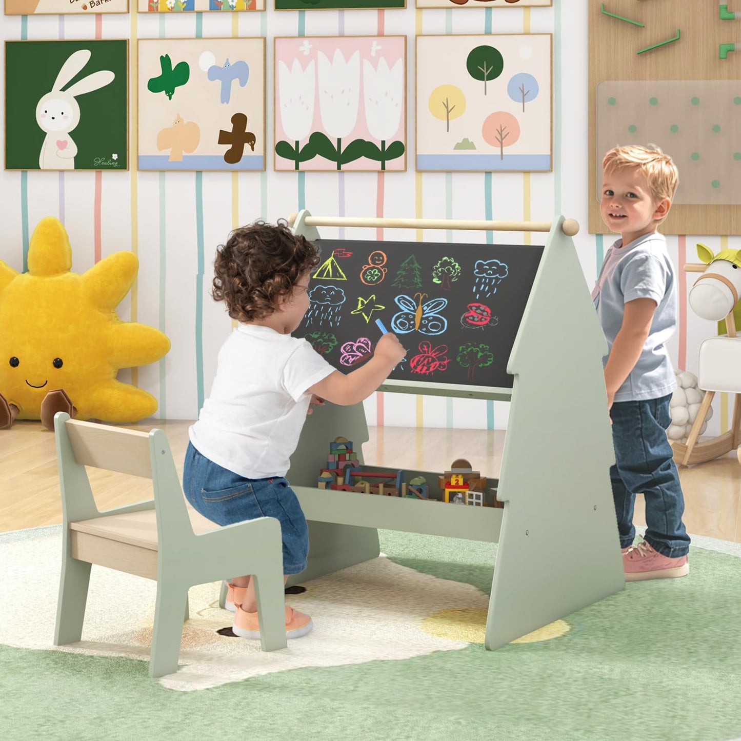 2 in 1 Double sided Kids Art Easel with Stool and Paper Roll Holder