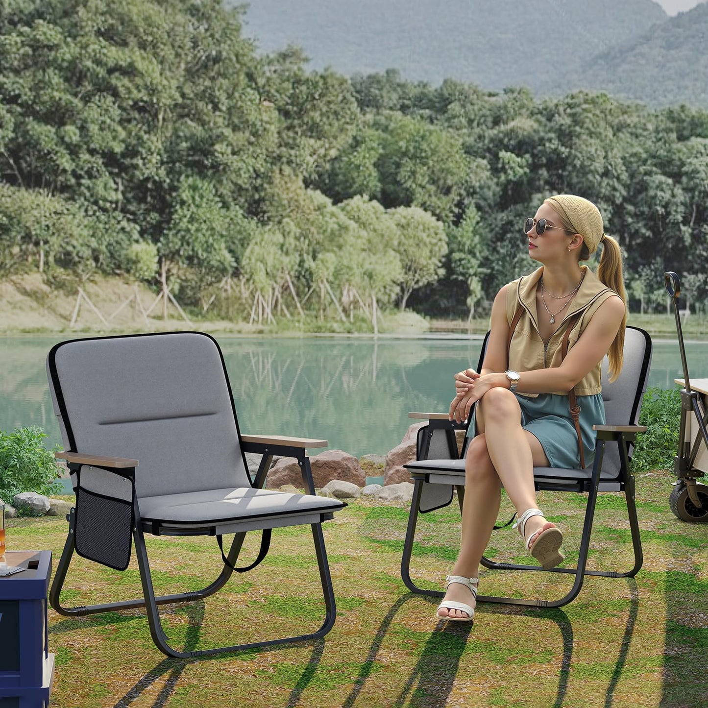 Set of 2 Folding Camping Chairs with Storage Pocket and Armrests
