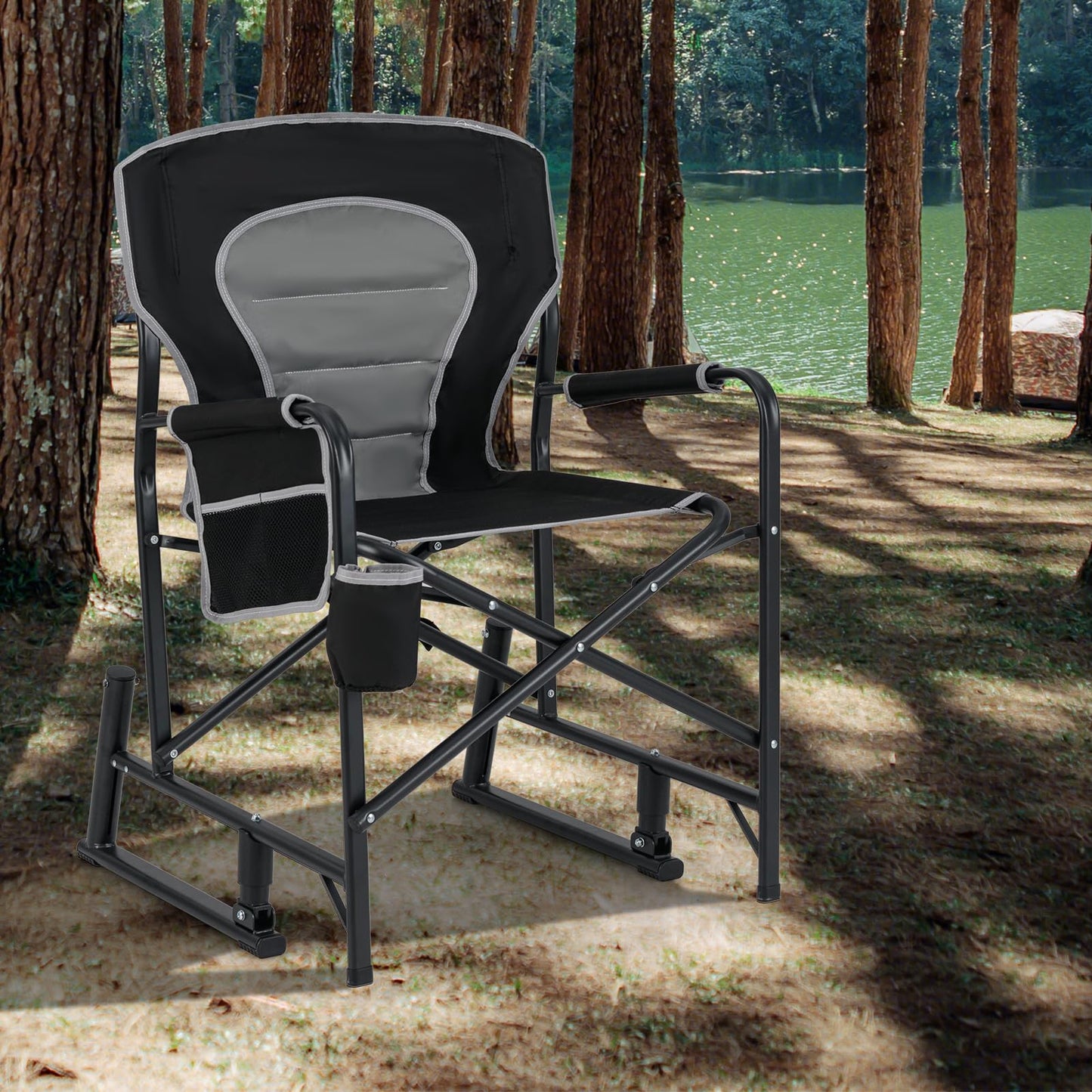Outdoor Foldable Padded Rocker Camping Chair with Cup Holder