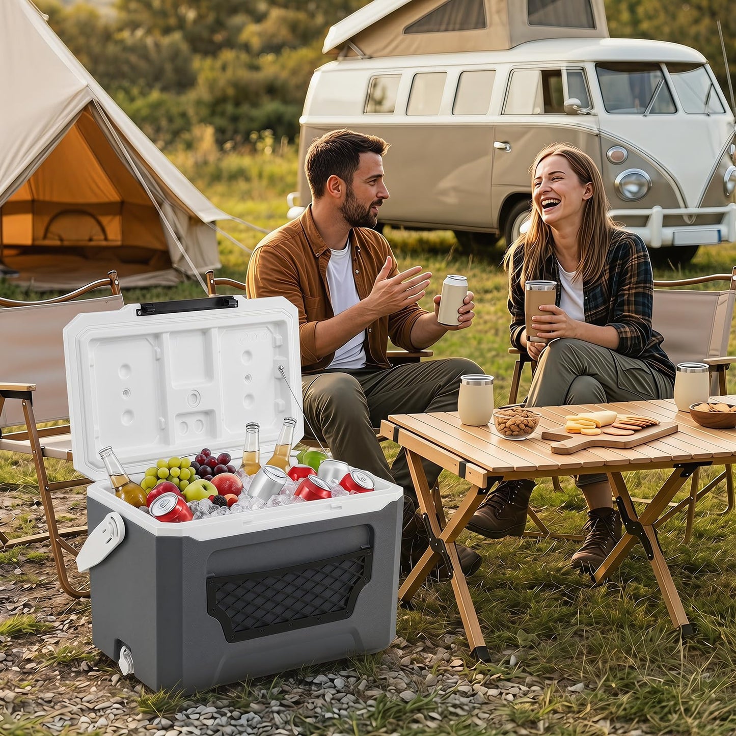 Insulated Cool Box, Ice Chest Box | Cup Holders, Drain Plug & Mesh Storage Pocket
