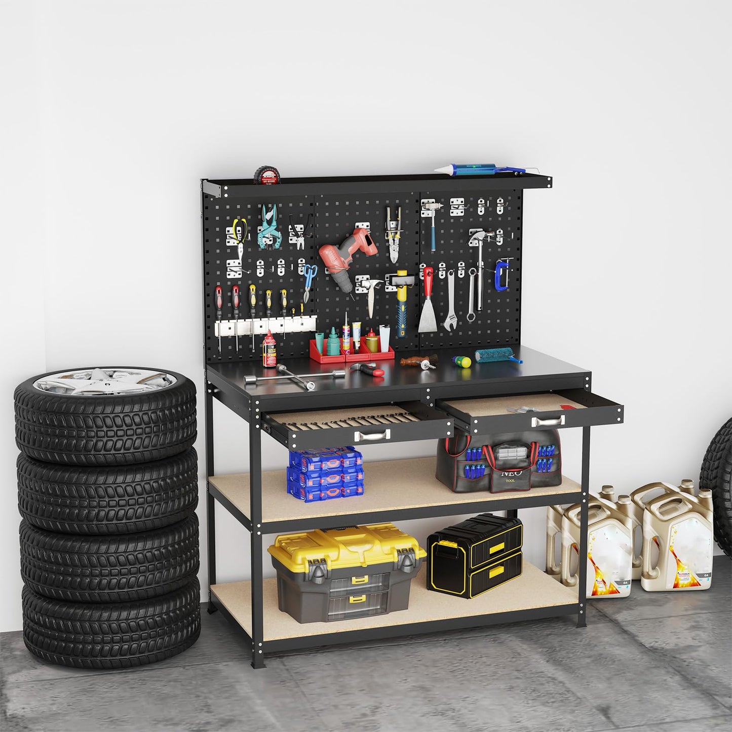 121x61x156cm Metal Workbench with Pegboard with 2 Drawers & 24 Hanging Accessories