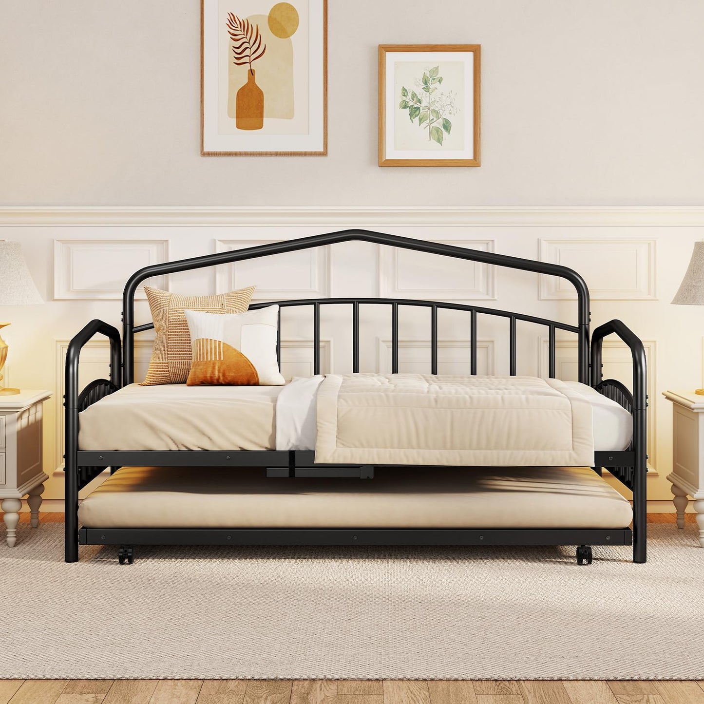Metal Day Bed with Trundle, Single Bed Frame with Headboard