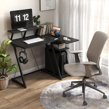 L-Shaped Gaming Desk with Outlets USB Ports and Monitor Shelf