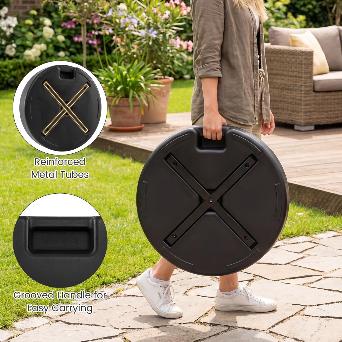 Round Parasol Base, 30kg Water and Sand Fillable Patio Umbrella Holder
