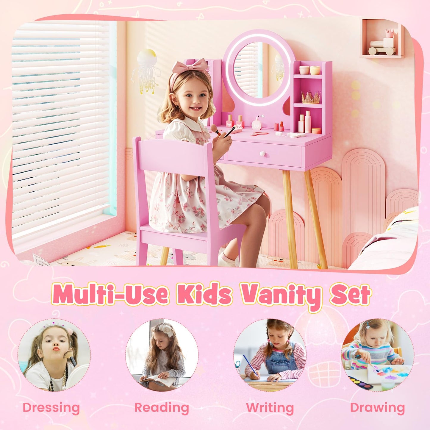 Kids Princess Vanity Desk Set with 2 Color LED Lighted Acrylic Mirror