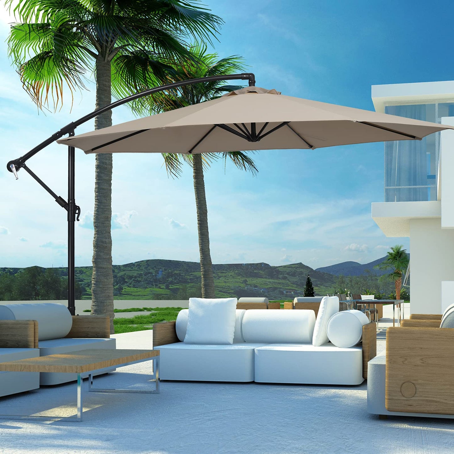 10 FT Patio Offset Umbrella with Cross Base and Crank for Garden Poolside and Yard