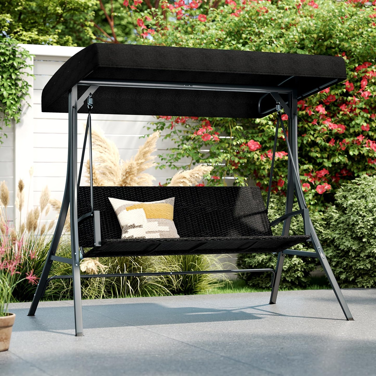 3-Person Porch Swing with Stand Adjustable Canopy Swing with Rattan Seat
