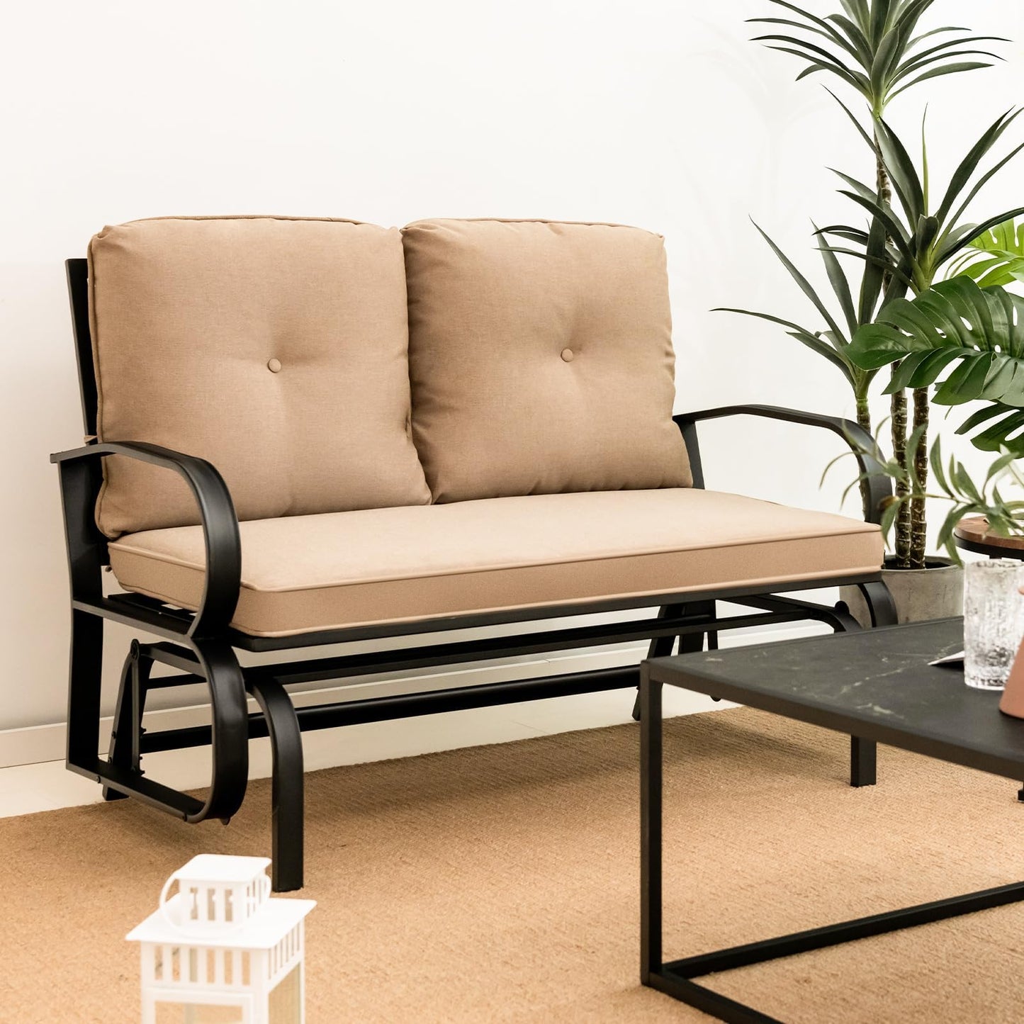 2-Person Steel Frame Outdoor Glider Bench with Cushions