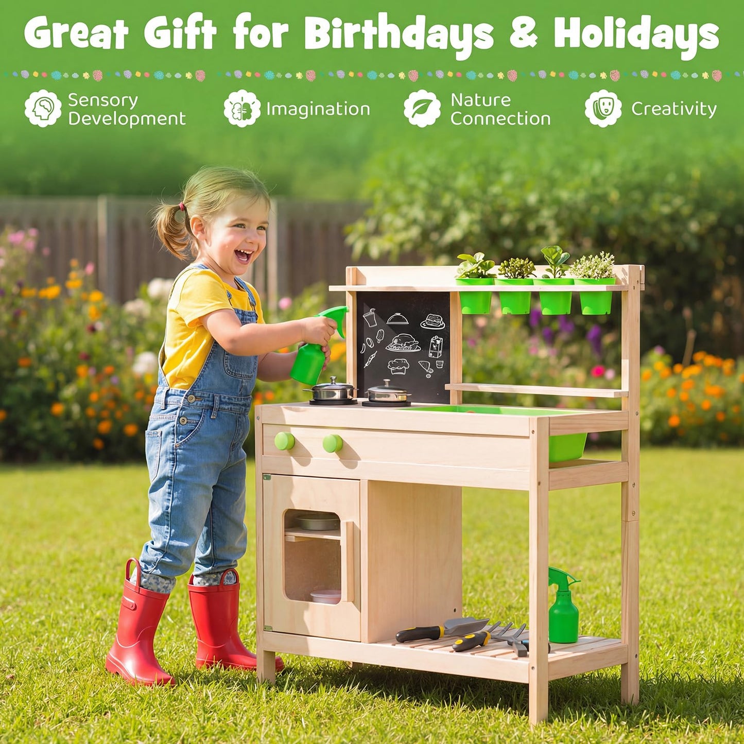 Kids Mud Kitchen Play Pretend Kitchen with Chalkboard Rotation Knobs and Cabinet