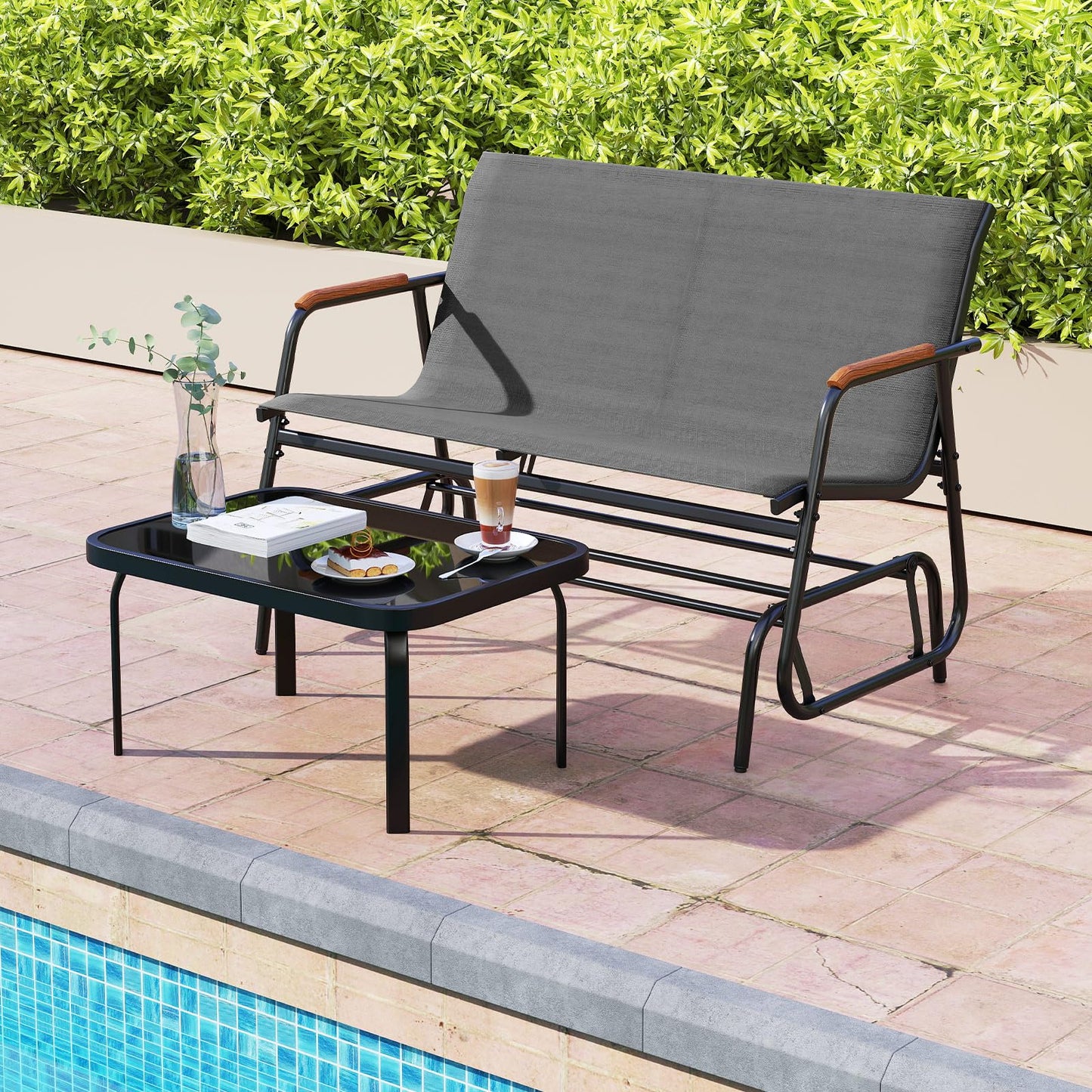 2-Person Outdoor Metal Frame Fabric Glider Bench