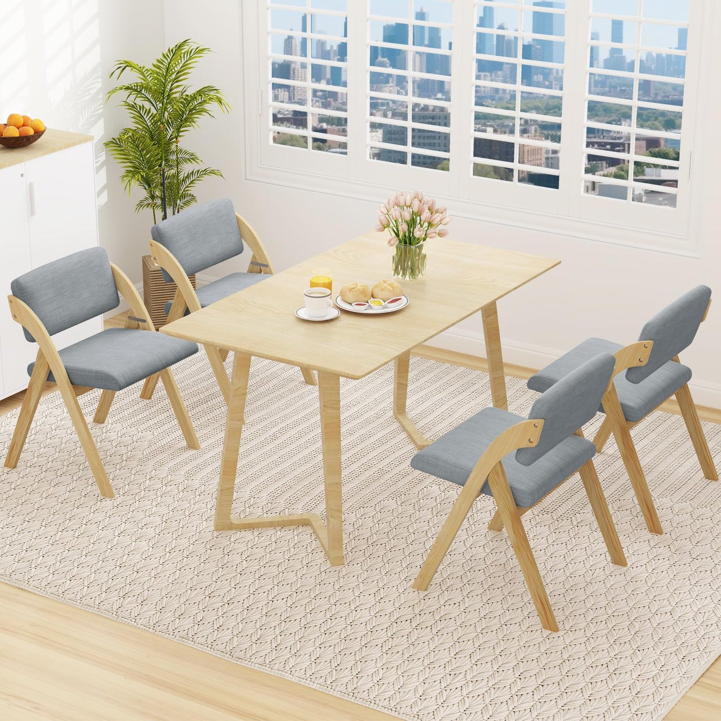 Wooden Counter Dining Chairs with Linen Fabric Seat Set of 2