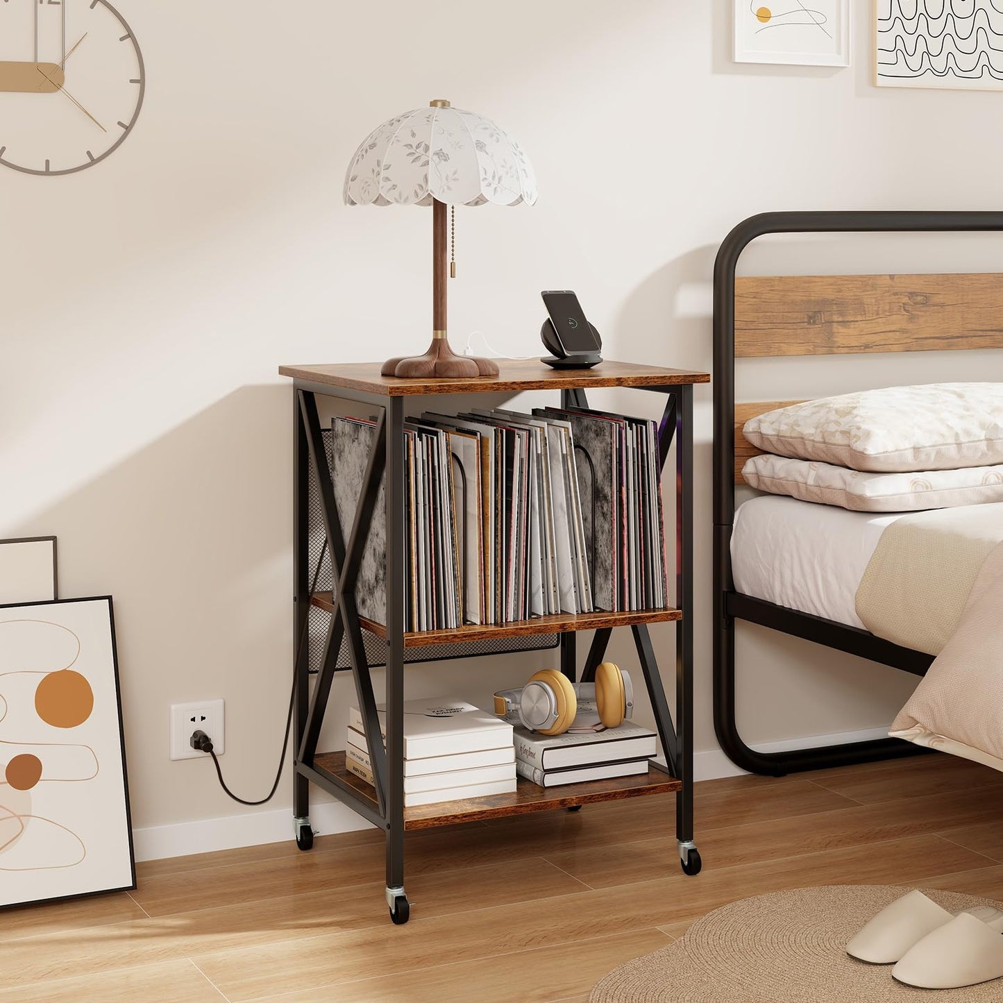 Turntable Record Player Stand with Builtin Charging Station and Divider