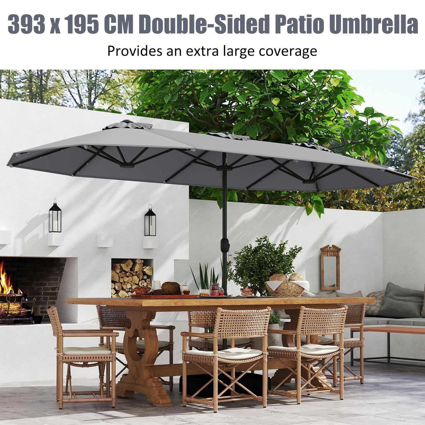 4M Double-Sided Parasol with Base with 36 Solar LED Lights
