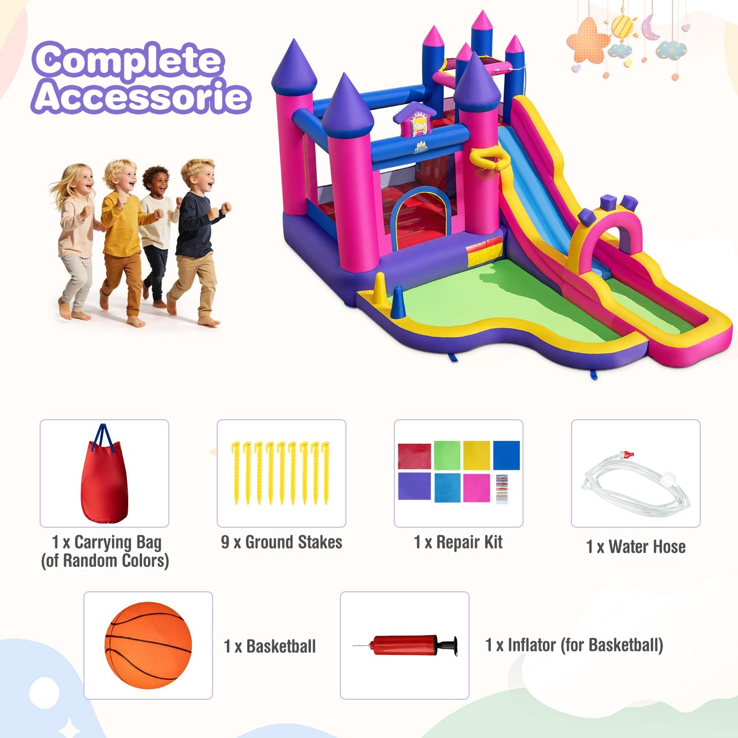 Inflatable Water Slide, Princess Themed Water Park with Long Slide, Jumping Area, Climbing Wall, Splash Pool, Basketball Hoop