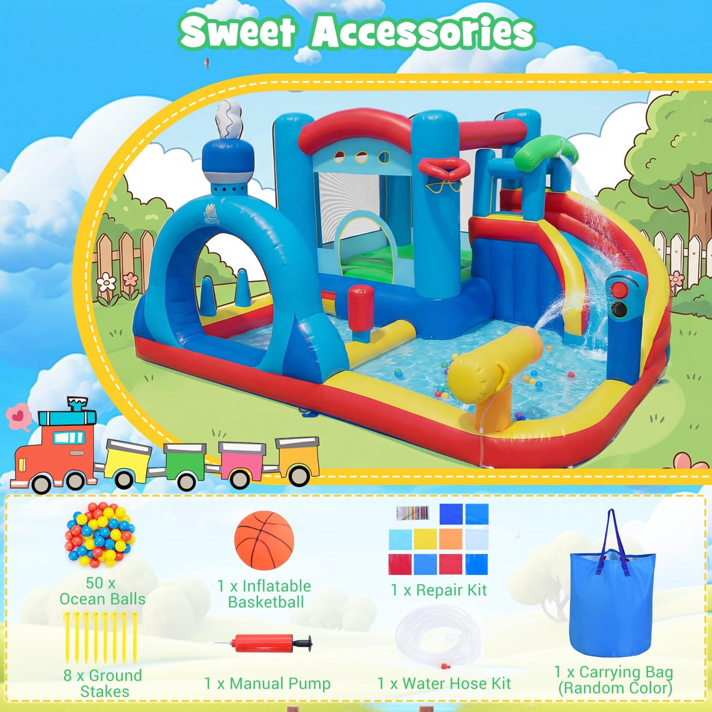 Inflatable Water Park, Kids Bouncy Castle with Splash Pool, Water Cannon