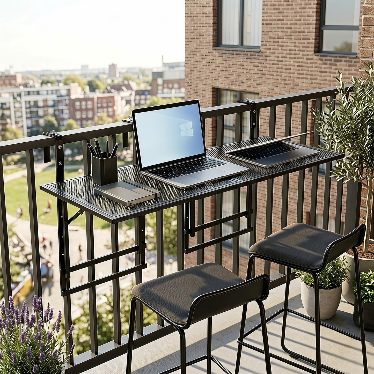 Set of 2 Hanging Balcony Table with 5-Level Adjustable Height for Round Square Railing
