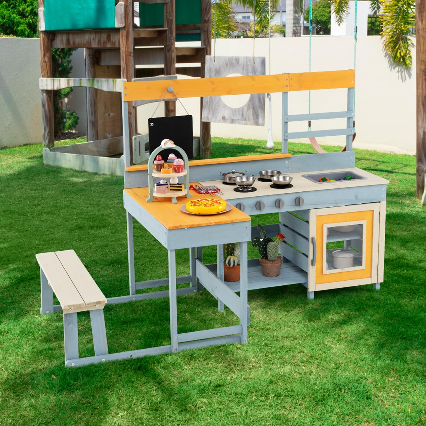 Fir Wood Mud Kitchen with Kids Picnic Table Play Kitchen