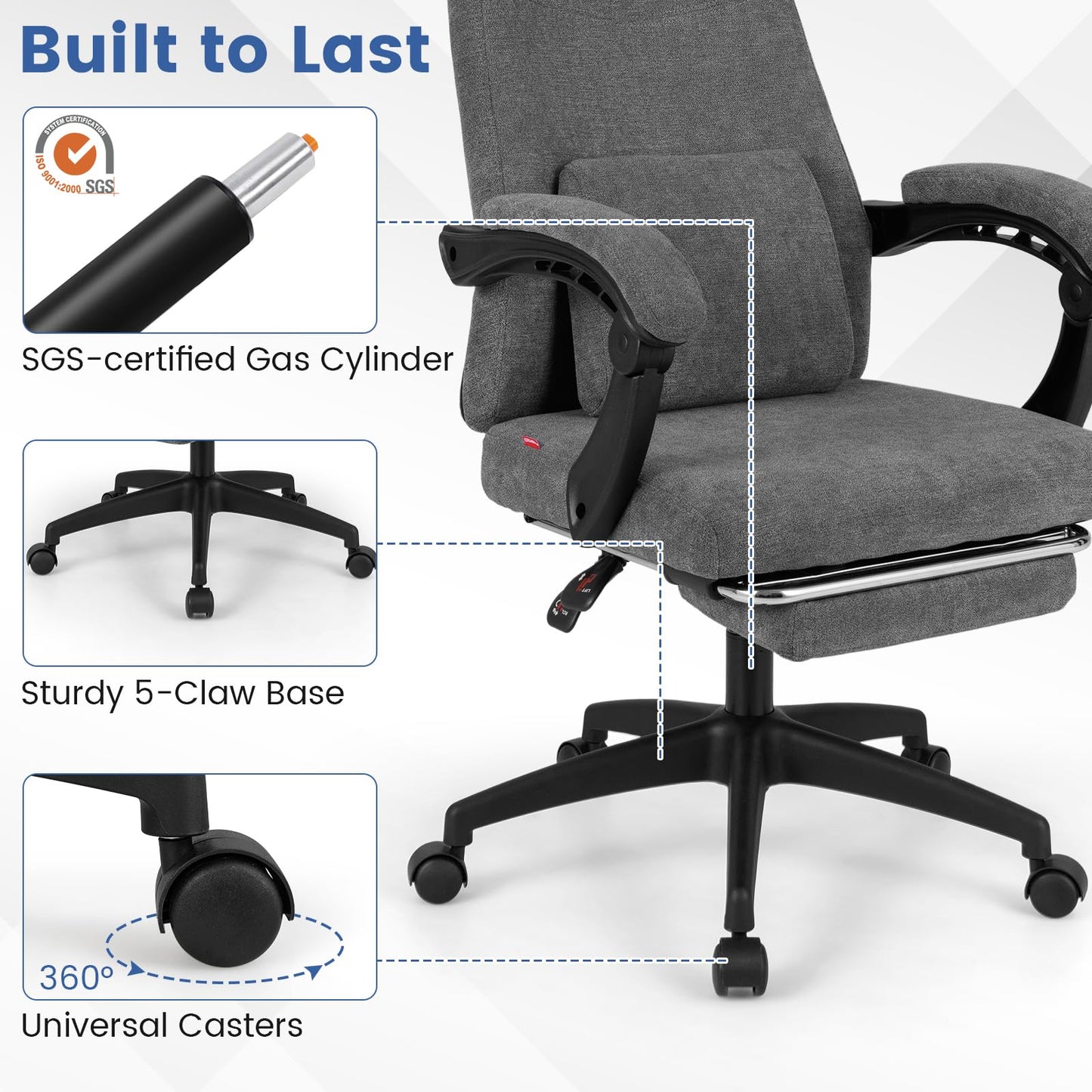 Reclining Home Office Chair Chenille Fabric Upholstered Computer Desk Chair with Padded Linkage Armrests