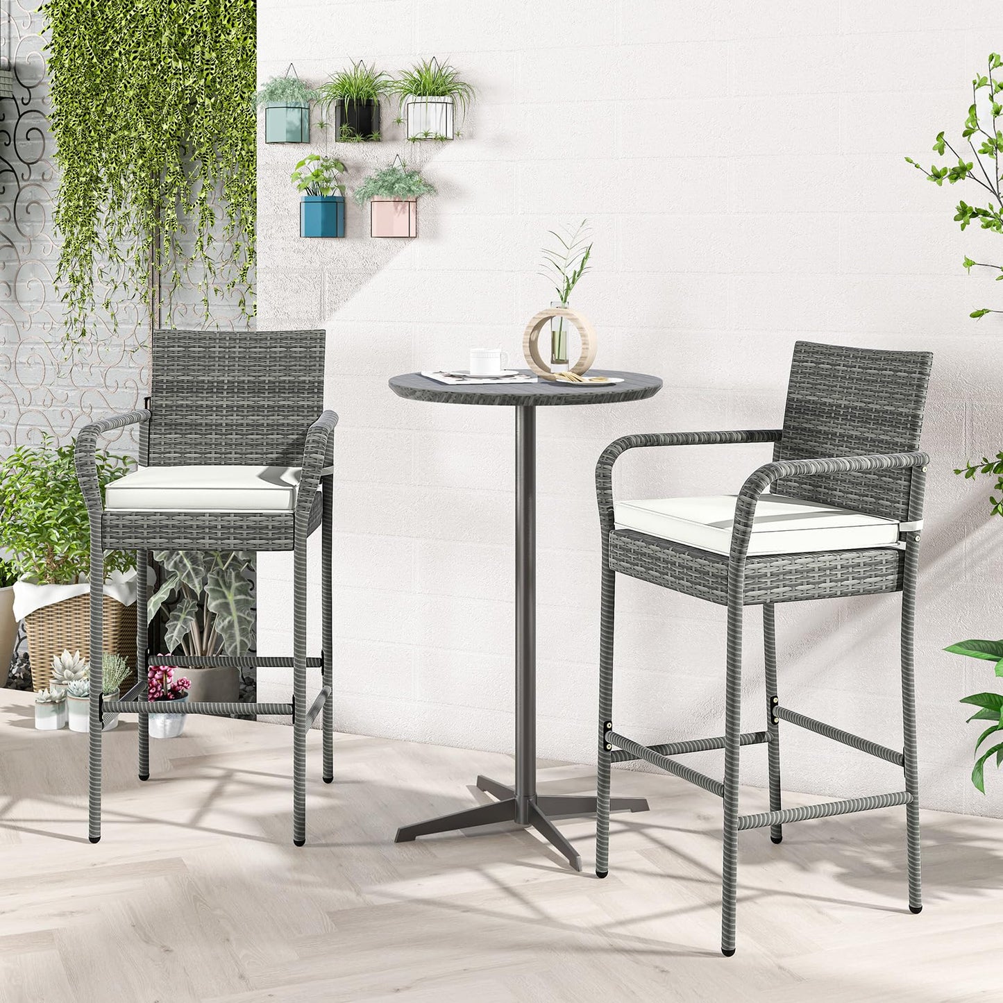 All Weather Outdoor Wicker Bar Stools Set with Soft Seat Cushions