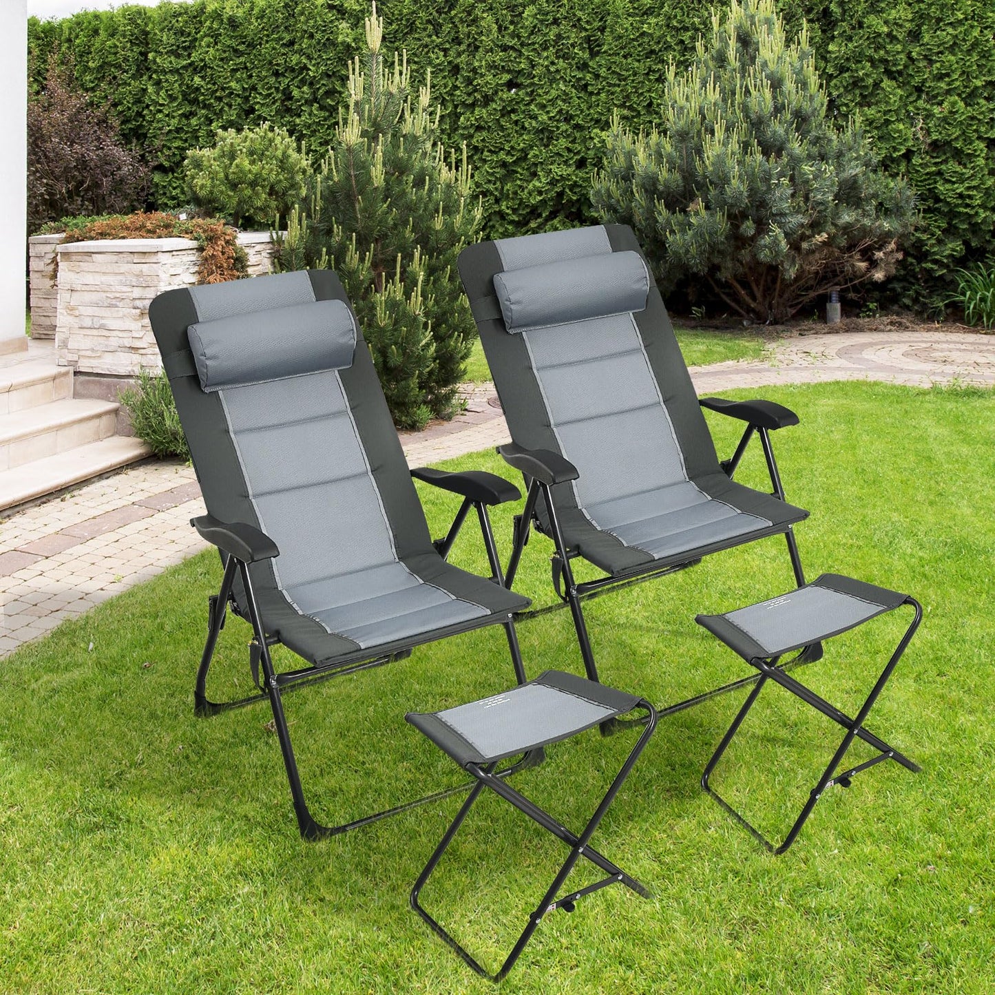 Set of 2 Patio Dining Chairs and Ottoman with 7-Position Adjustable Backrest