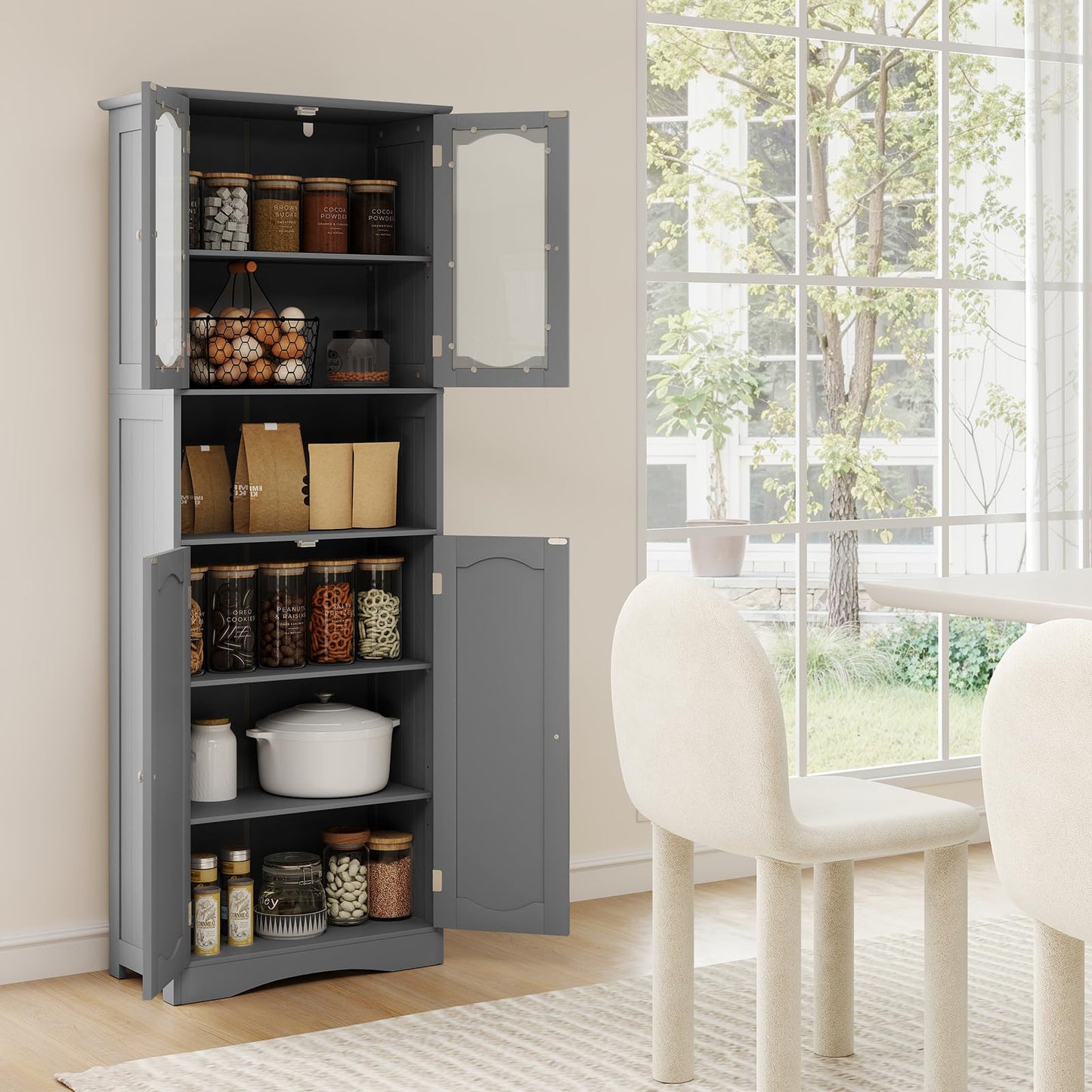 Tempered Glass Door Pantry Cabinet with 3-Position Adjustable Shelves