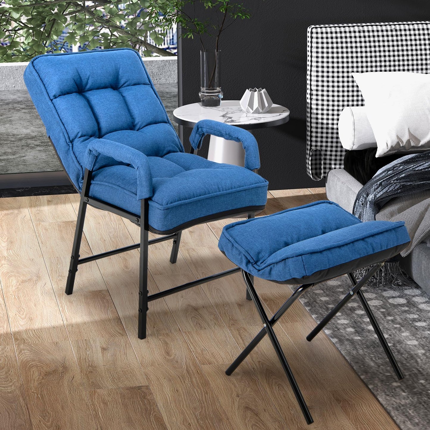Modern Accent Chair Linen Fabric Arm Chair with Ottoman