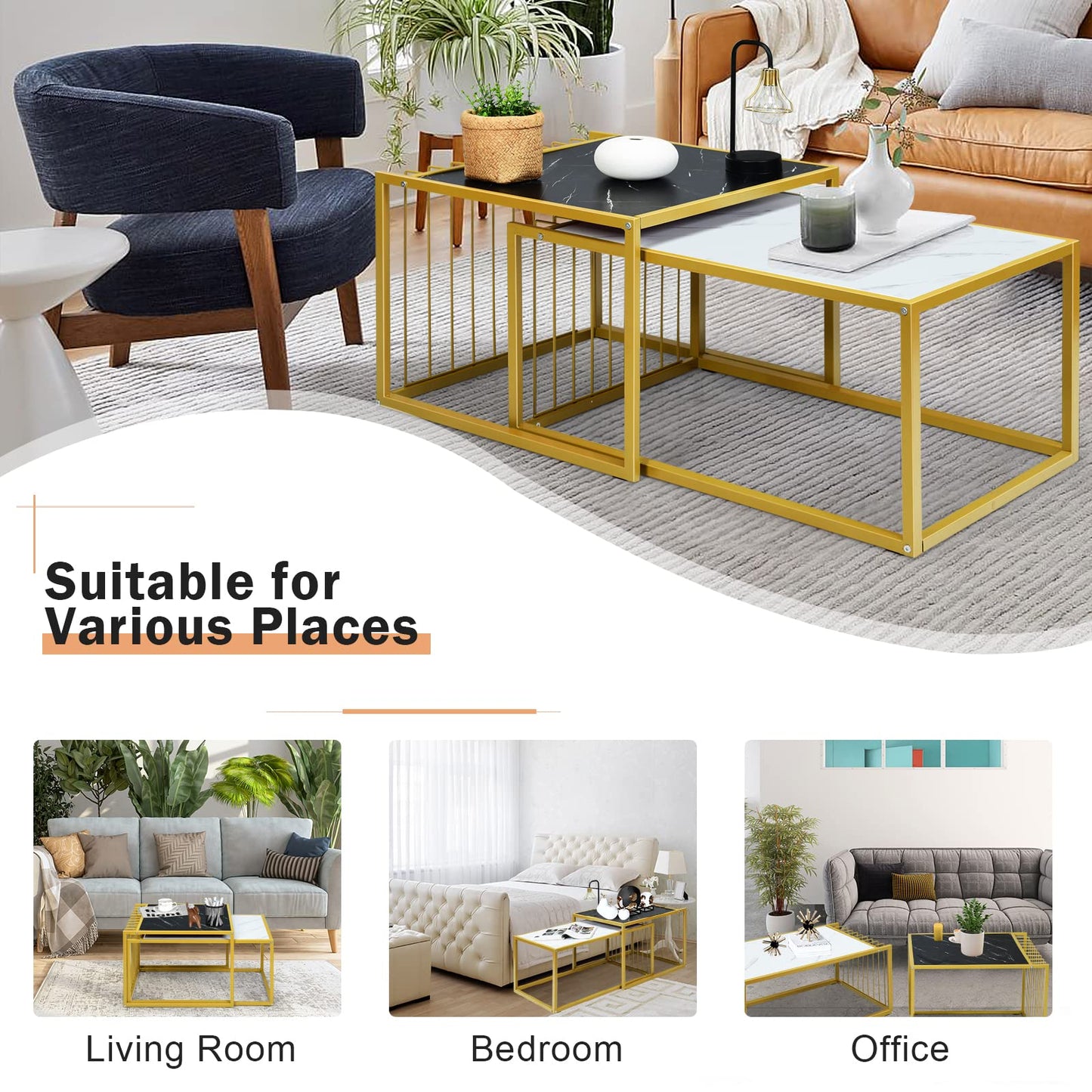 Modern Coffee Nesting Table Set Waterproof Faux Marble