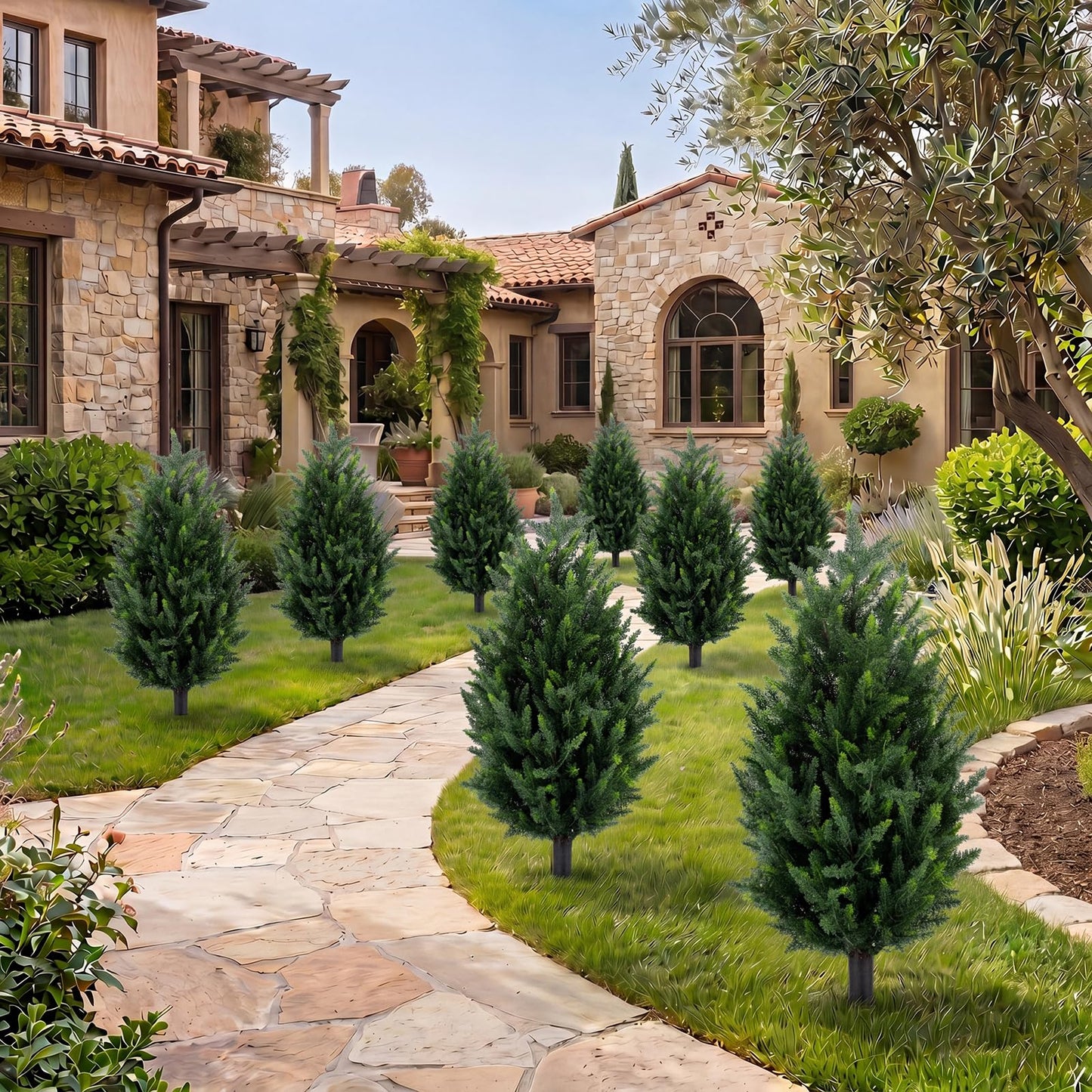 Set of 2 Artificial Topiary Ball Trees, Faux Shrub Bushes