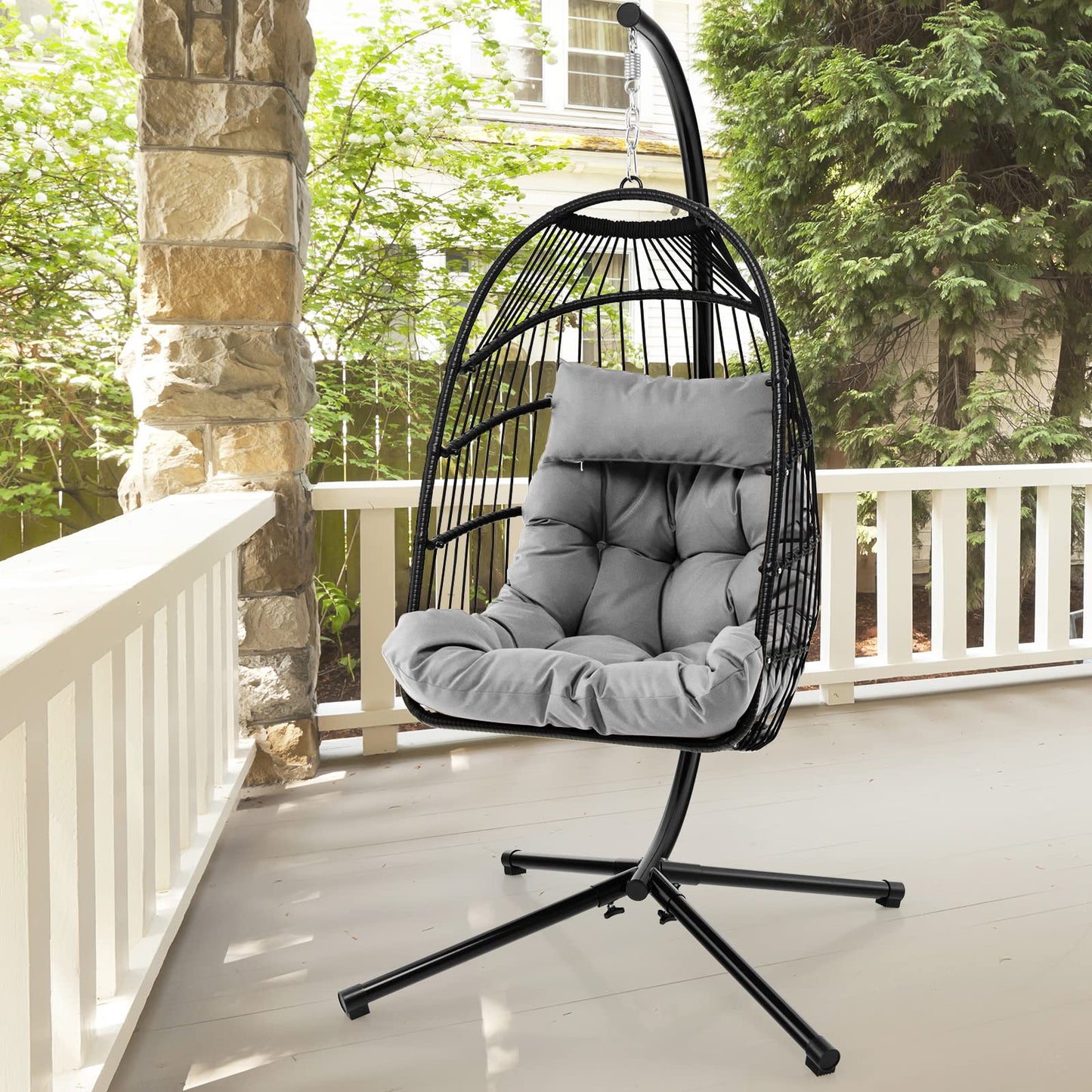 Upholstered Rattan Wicker Swing Egg Chair with Soft Cushion