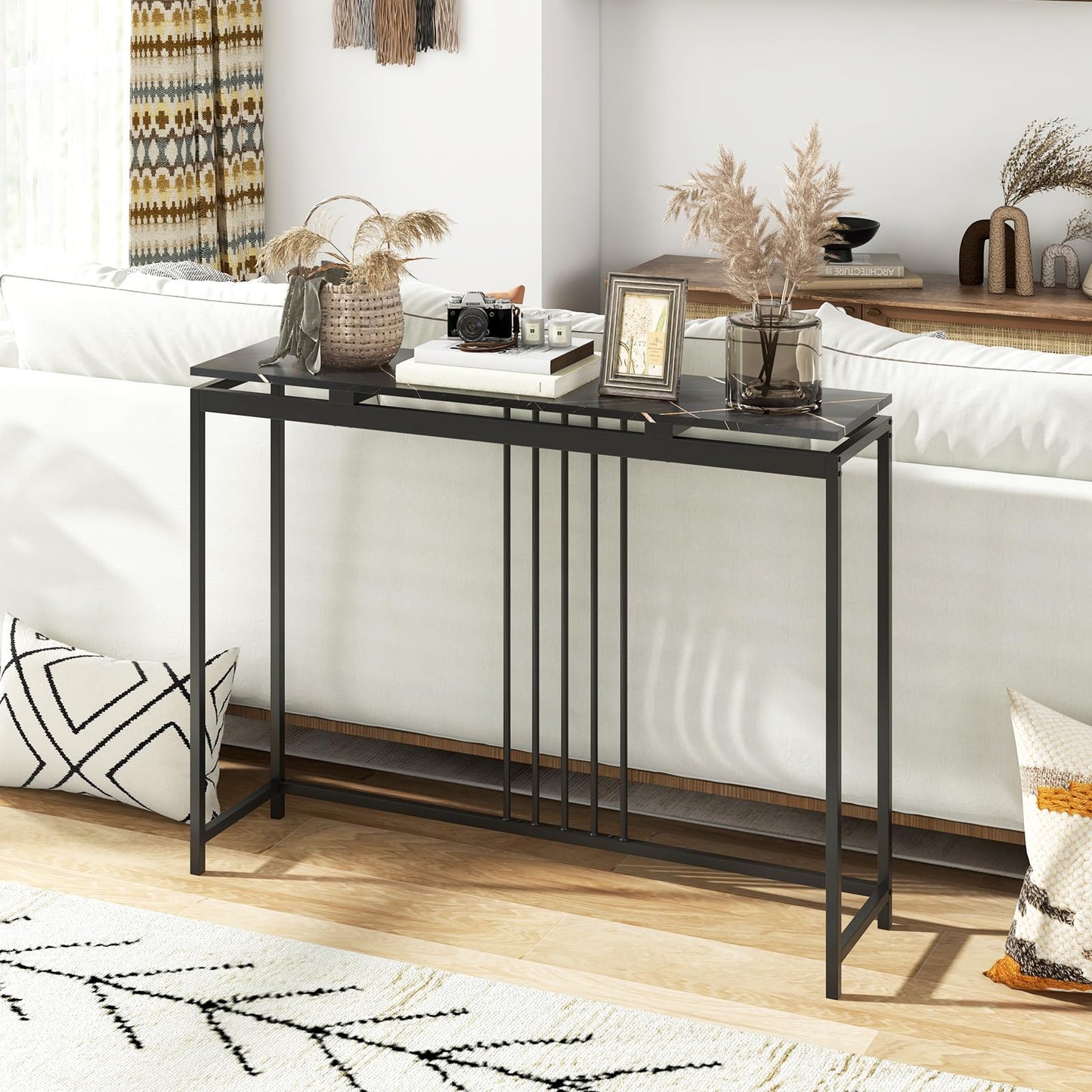 Narrow Console Table 120cm Long Hallway Table with Metal Frame & Faux Marble Top