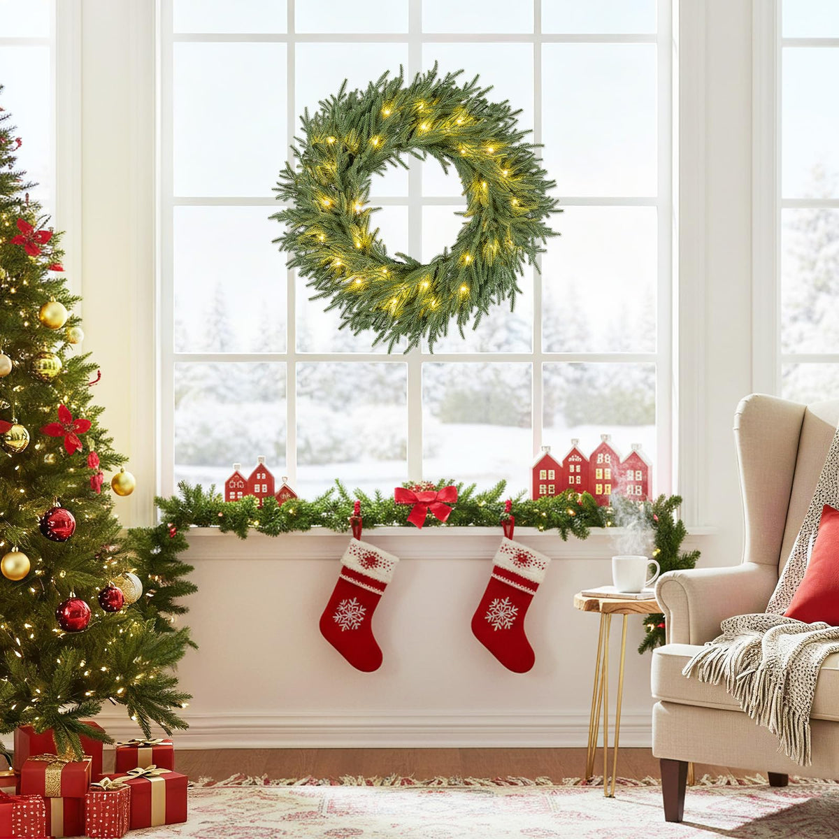 60cm/24inch Pre-Lit Christmas Wreath with LED Lights