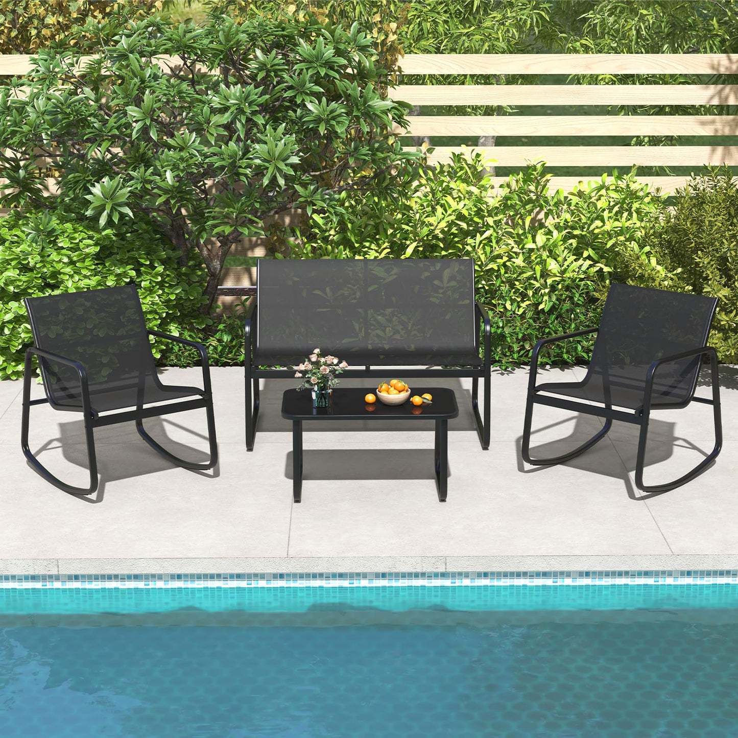 Metal Frame Outdoor Conversation Set with Loveseat and Glass Coffee Table