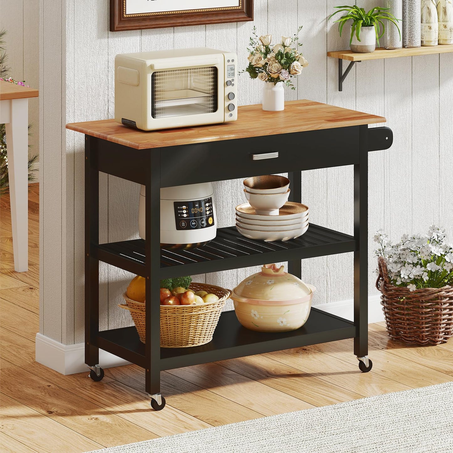Kitchen Island with Open Shelves and Lockable Casters