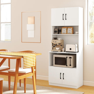 Pantry Cabinet with Power Outlets Freestanding Narrow Kitchen Hutch with 4 Doors